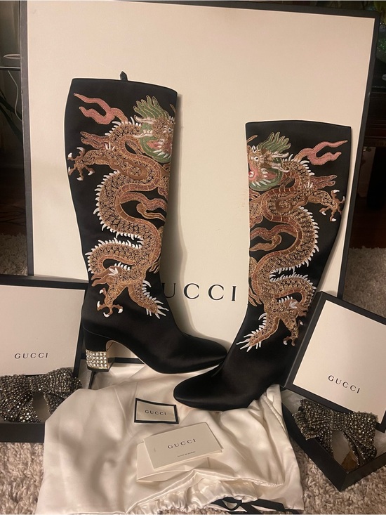 Gucci Shoes - Gucci Black Satin Tall Boots with Embroidered Dragon Motif